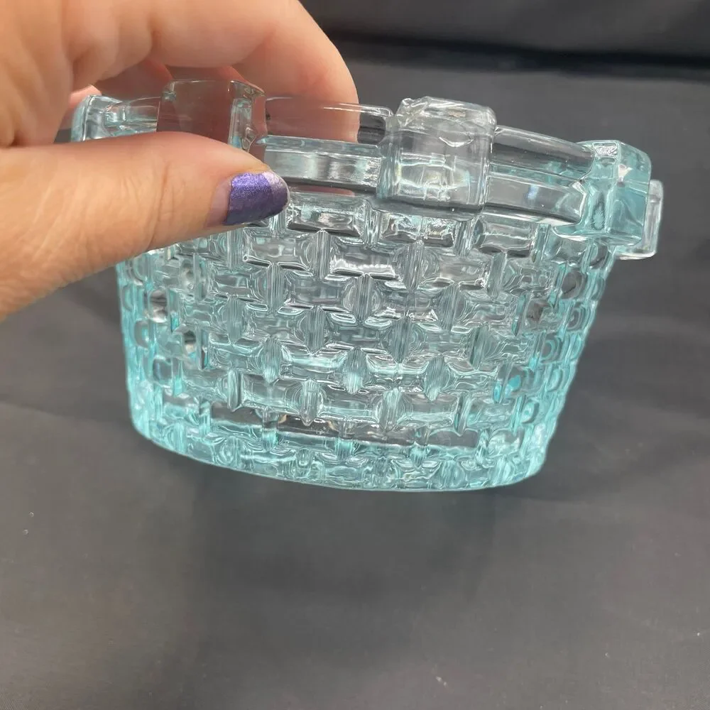 Vintage Blue Glass Basket Weave Bowl Aqua Seafoam Textured Candy Dish